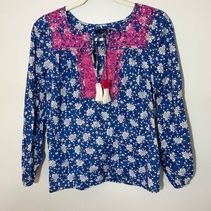 J Crew Women’s Blue Boho Peasant Prairie Embroidered Cotton Top Size XXS